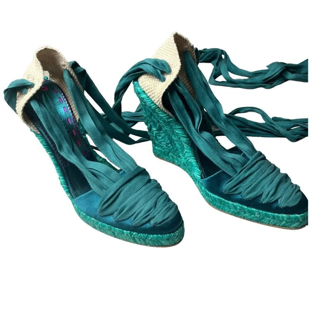 NWOT Emanuel Ungaro FAB Wedge Espadrilles in Teal Silk w/Sexy Lace-Up Design 8